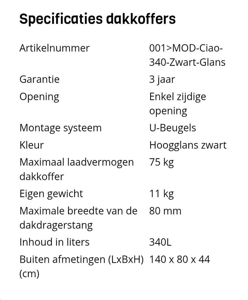Modula Ciao 340L Dakkoffer - Hoogglans Zwart, Auto diversen, Ophalen, Zo goed als nieuw