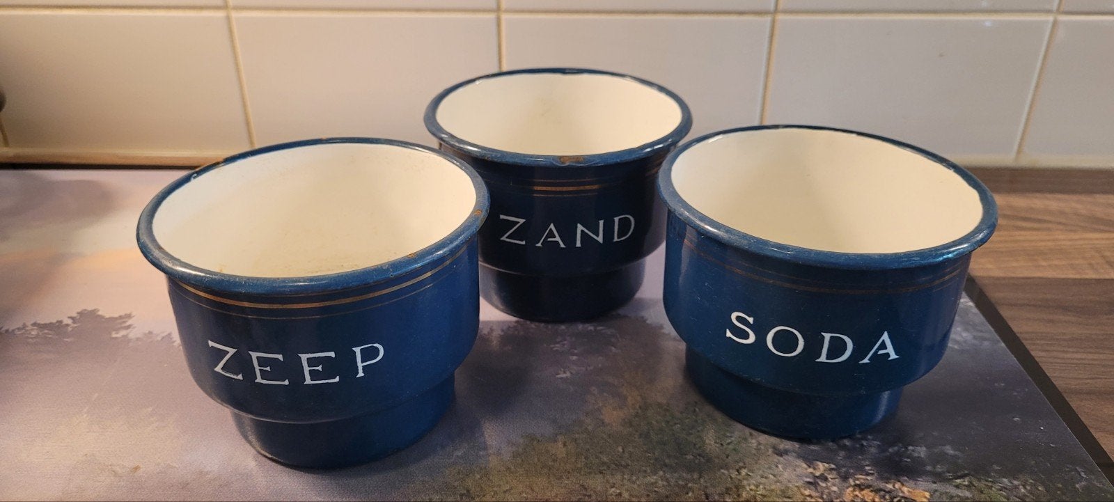 Vintage emaille potten 'ZEEP', 'ZAND', 'SODA', Antiek en Kunst, Ophalen of Verzenden