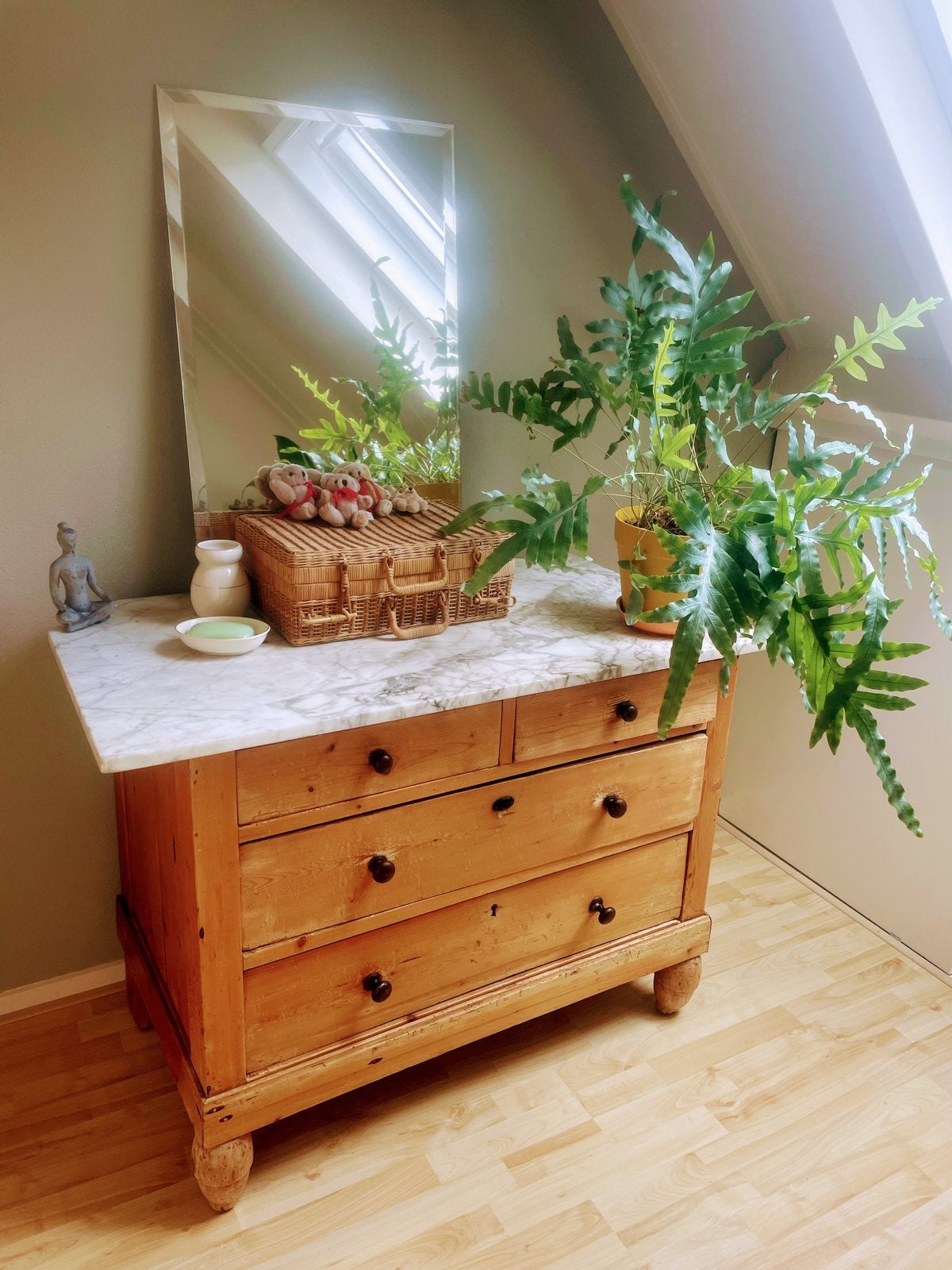 Oude grenen commode met marmeren blad - Brocante/Vintage, Verzenden
