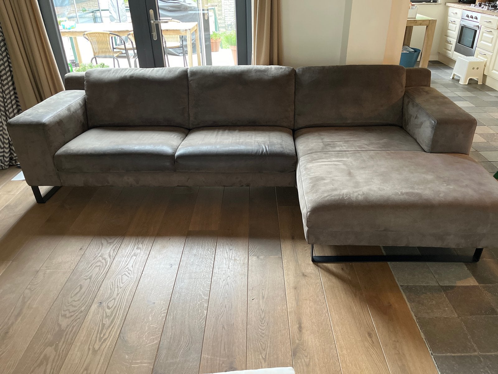 Montel Hoekbank met Chaise Longue - Grijs/Taupe, Ophalen, 250 tot 300 cm, Gebruikt, Hoekbank