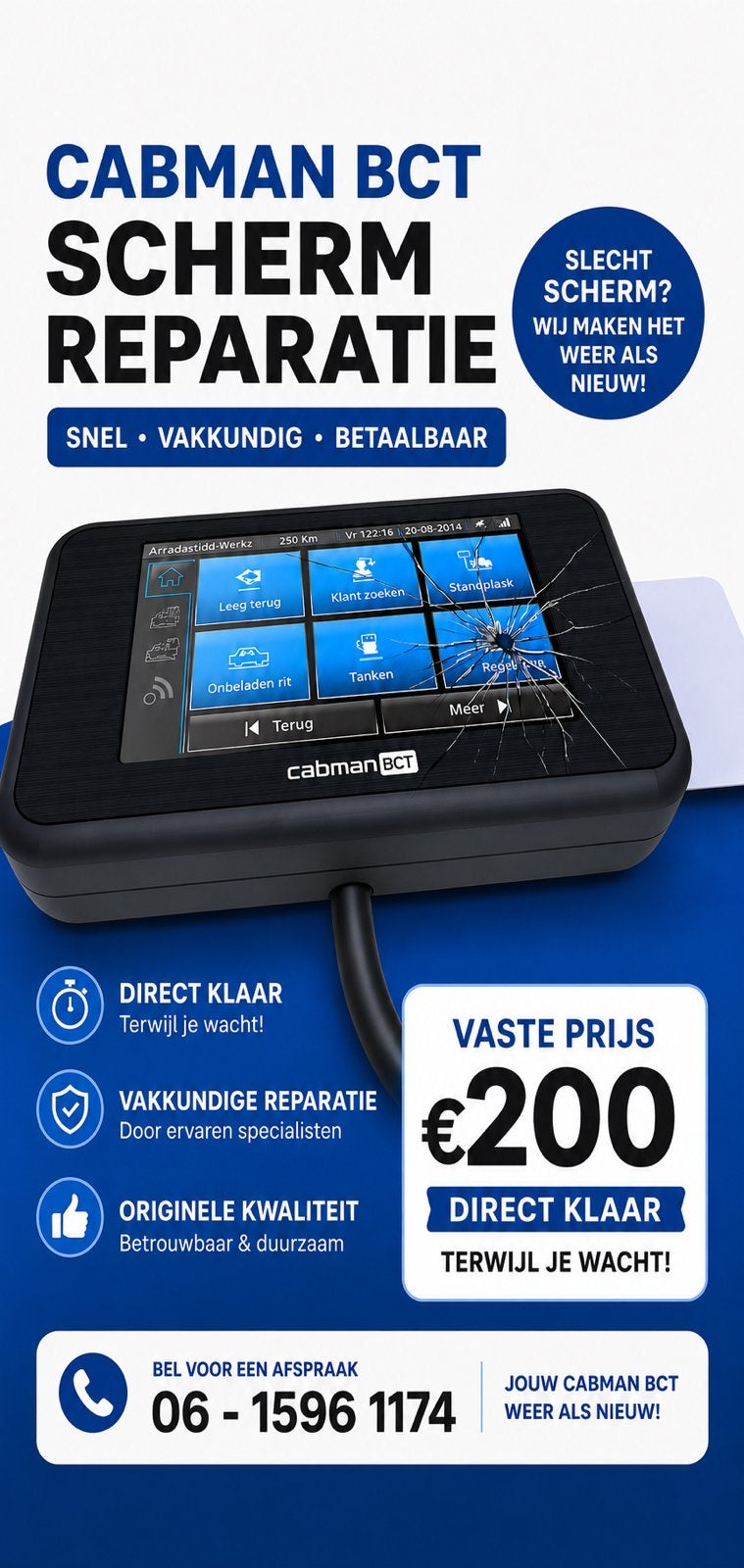 Cabman BCT scherm reparatie - Touchscreen werkt niet?, Ophalen, Nieuw