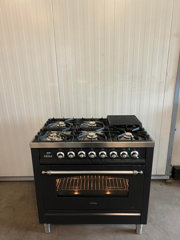 Luxe Boretti fornuis 6 pits antraciet kleurig - 90 cm, Hete lucht, 60 cm of meer, Ophalen of Verzenden, Zo goed als nieuw