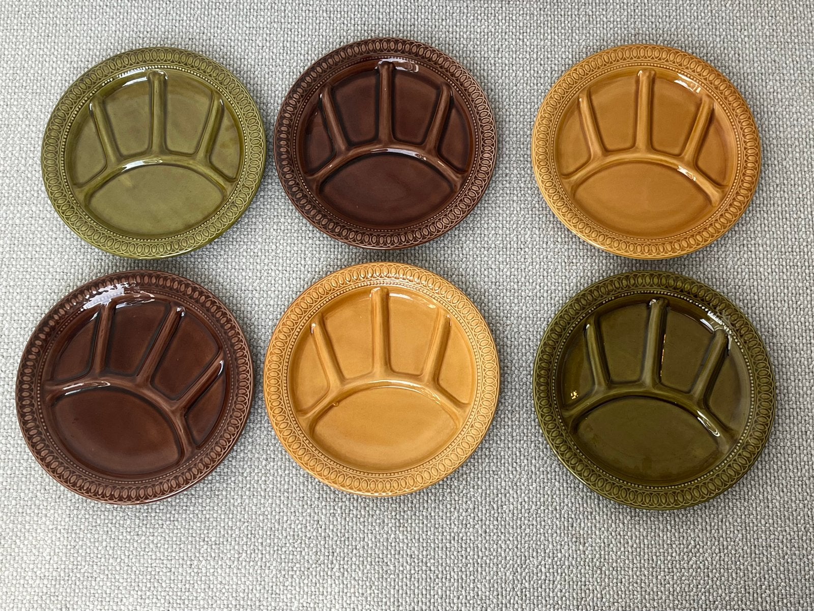 6 vintage retro gourmet- / tapasborden geel bruin groen, Gebruikt, Overige merken, Keramiek, Vintage