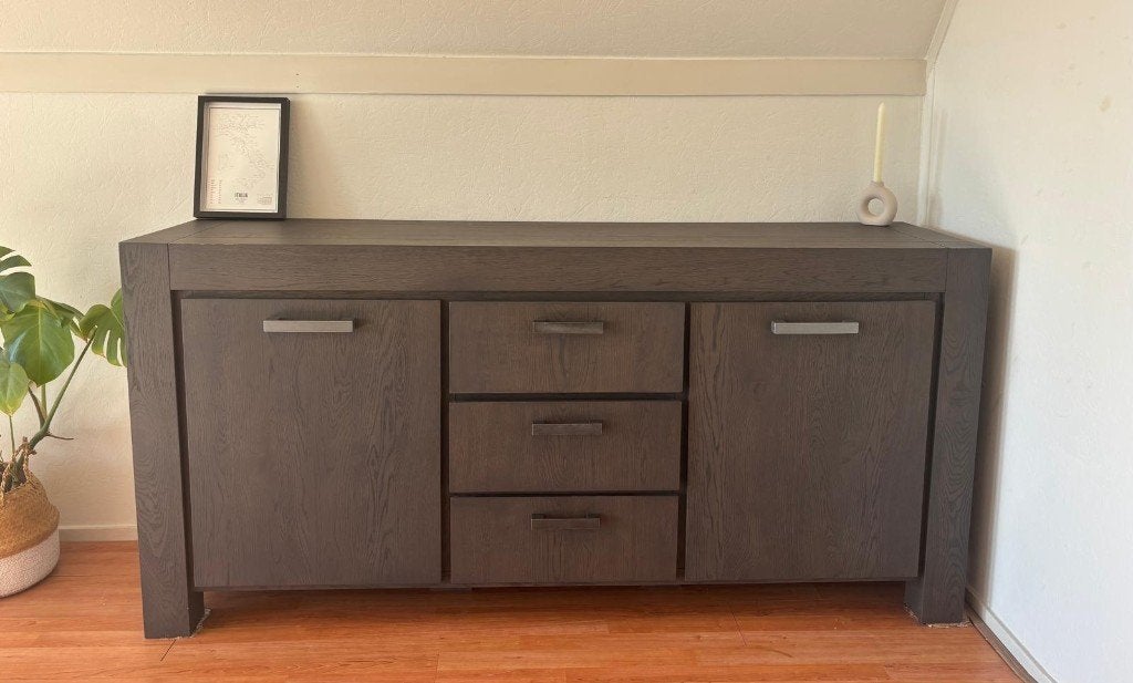 Donker eiken houten dressoirkast / servieskast, Ophalen, Gebruikt, Met deur(en), Dressoir of servieskast