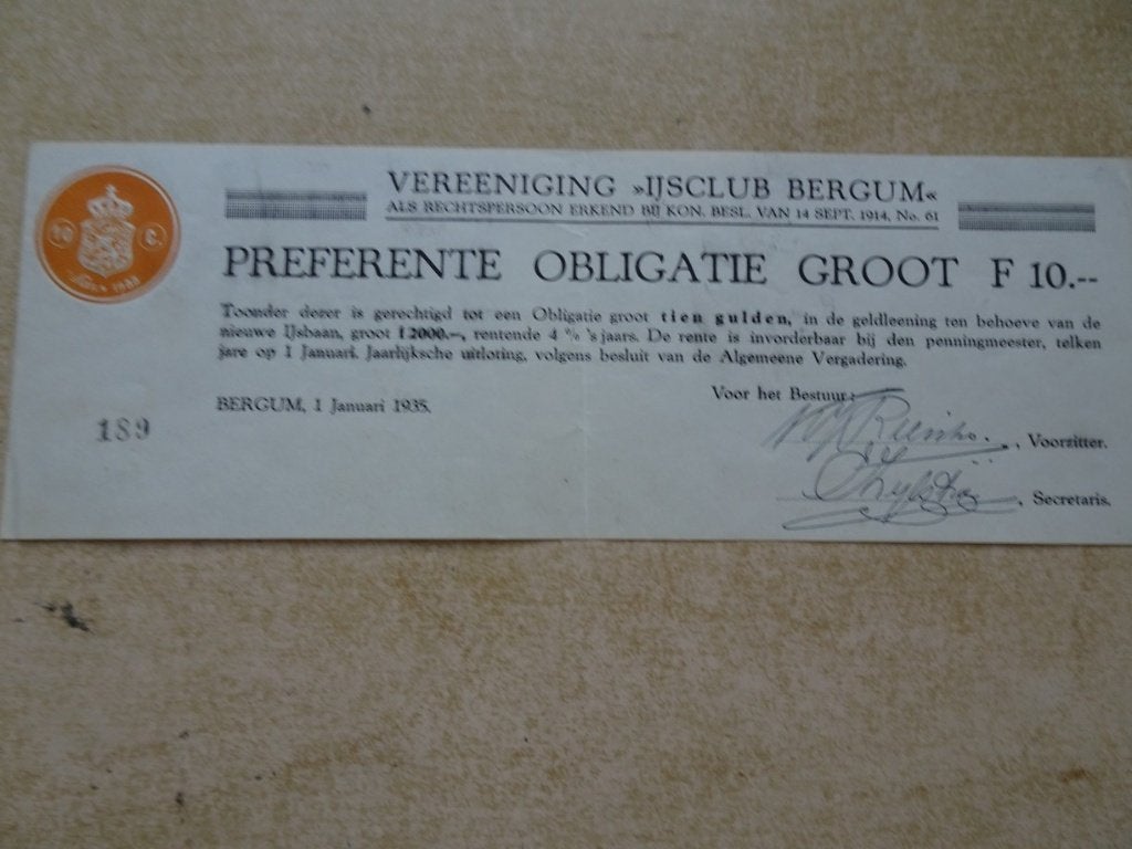 Preferente Obligatie Vereeniging "IJsclub Bergum"  1935, Ophalen of Verzenden, Voor 1920, Aandeel