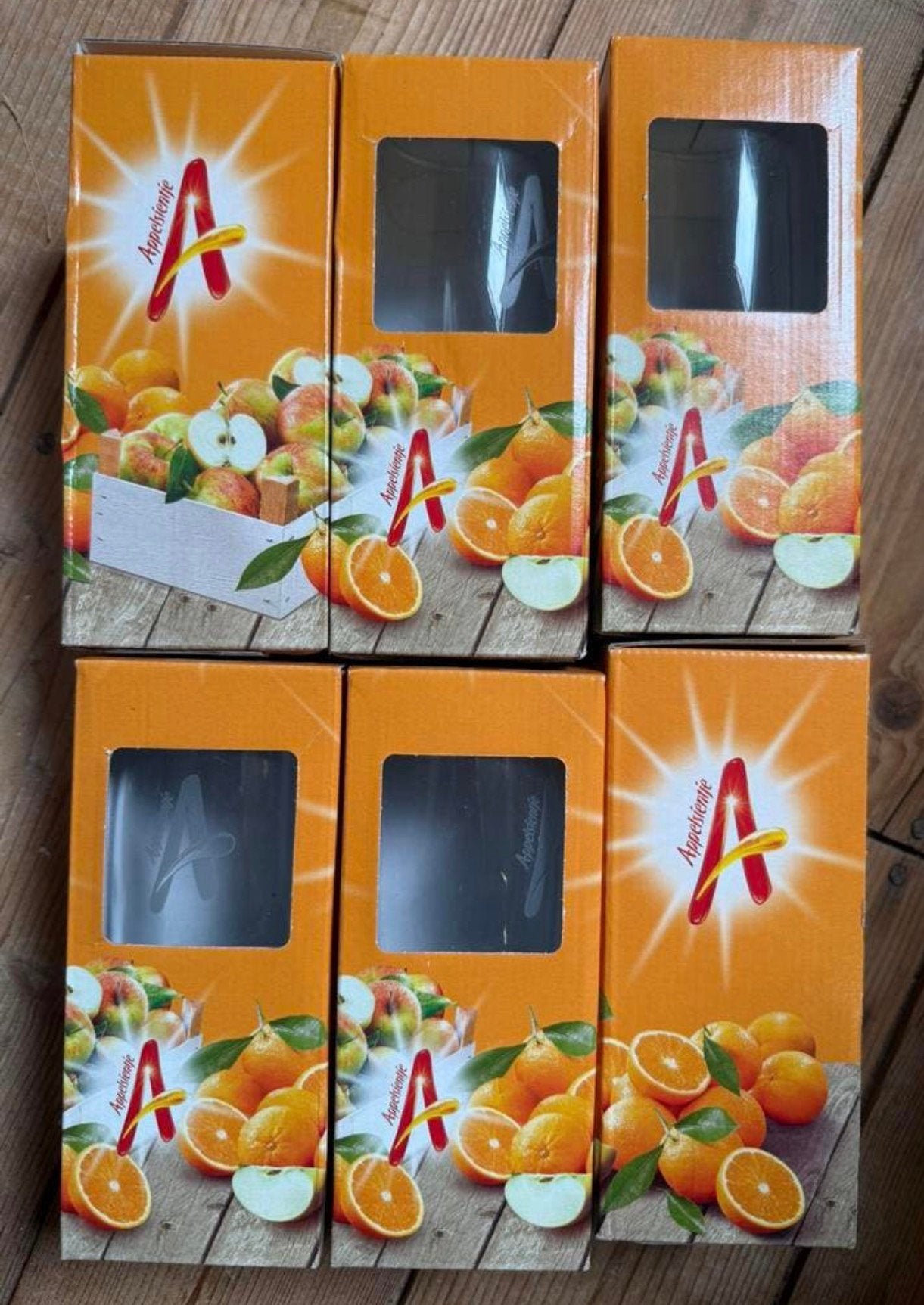 6 NIEUWE appelsientje glazen, Ophalen of Verzenden, Nieuw, Frisdrankglas