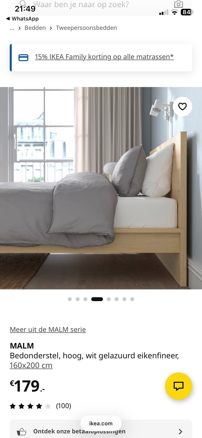 IKEA MALM bedonderstel, eikenfineer, 160x200 cm, Ophalen, Gebruikt, Overige kleuren, Tweepersoons