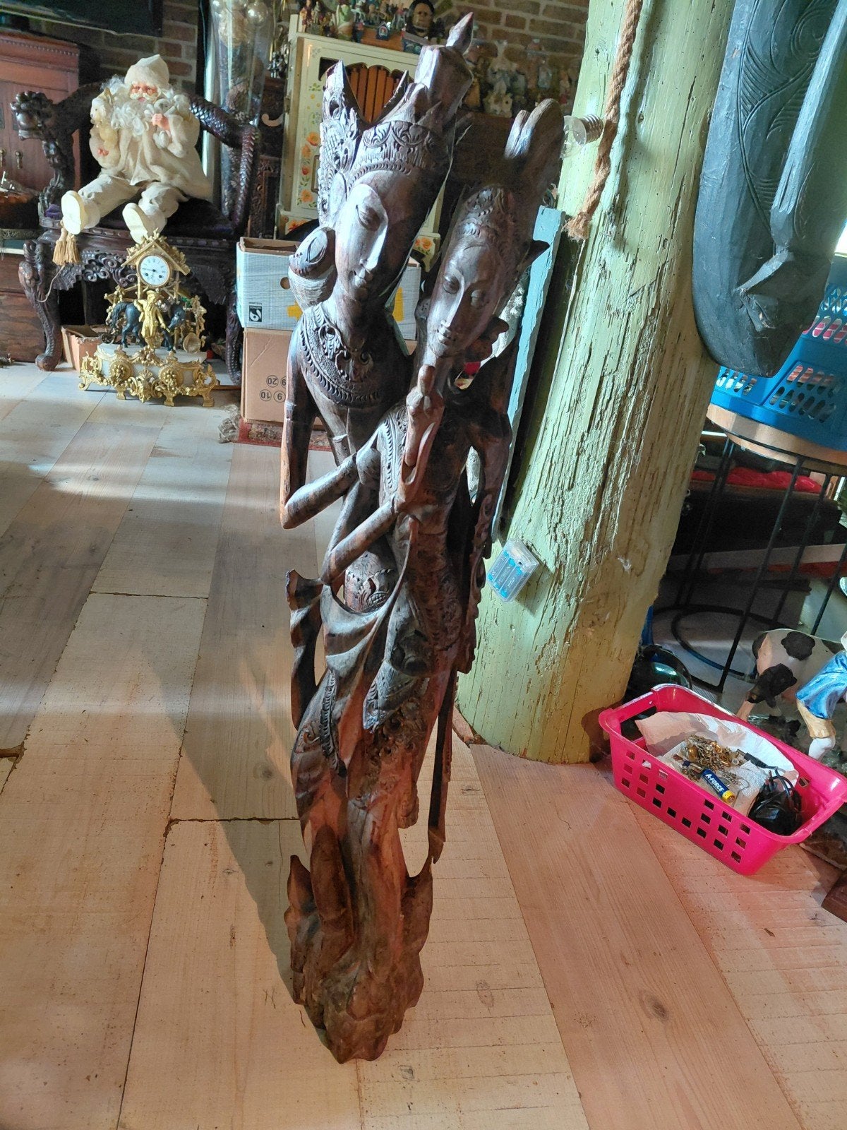 Houten Balinese Danseressen Beeld - Handgesneden, Ophalen, Groep mensen, 50 - 100 cm, Handgemaakt