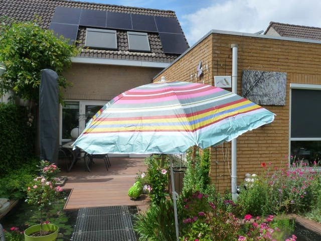 Vrolijke strepen parasol Nieuw in verpakking, Tuin en Terras, Ophalen of Verzenden, Nieuw, 1 tot 2 meter, Strandparasol