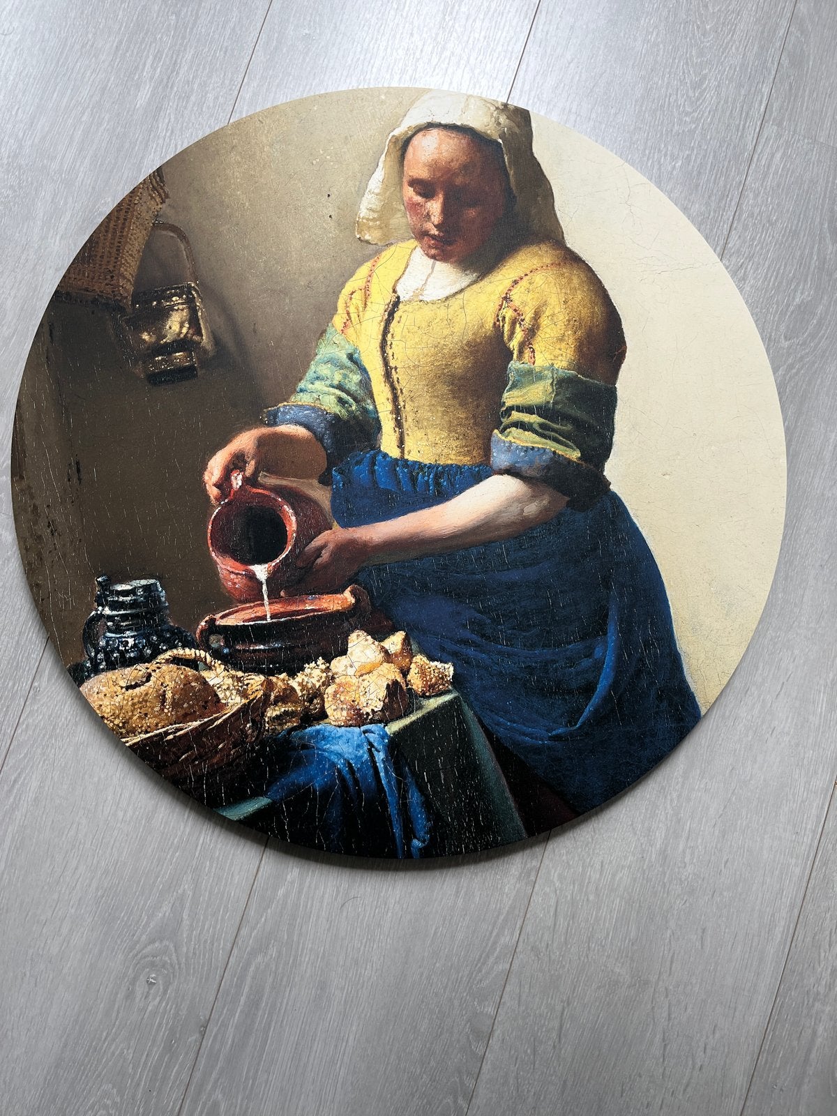 Schilderij Het Melkmeisje - Johannes Vermeer reproductie, Antiek en Kunst, Ophalen, Met passe-partout, Doek, Portret of Personen