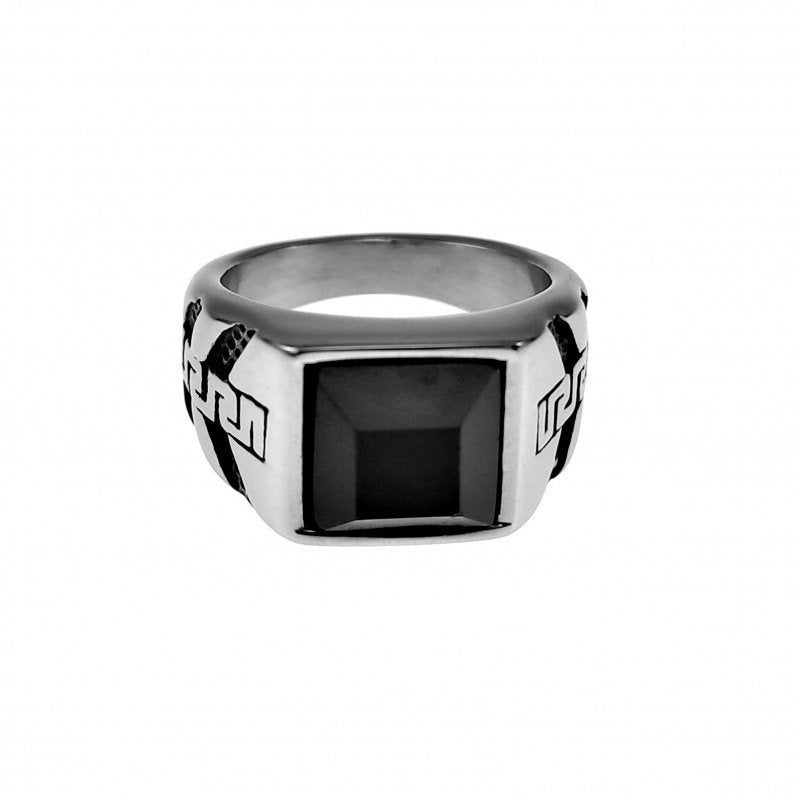 Stalen Onyx-Zegelring met Griekse Details - RVS Ring Heren, Sieraden, Tassen en Uiterlijk, Heer, Nieuw, Esde2, Met edelsteen