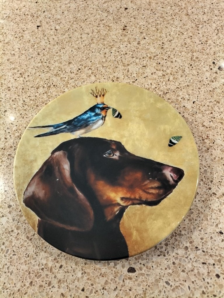 Grappig leuk bord voor de wand sierbord vogel hond teckel, Gebruikt, 18 cm, Steen/keramiek, Ophalen of Verzenden