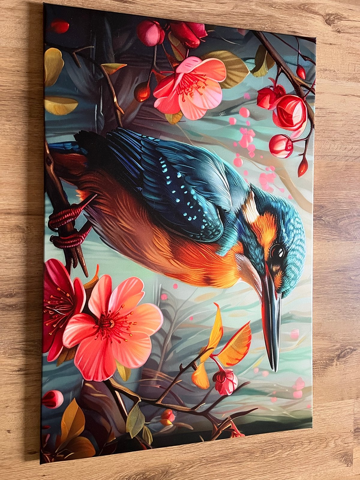 Schilderij ijsvogel met bloemen - Kleurrijk kunstwerk, 50 – 75, Nieuw, Ophalen of Verzenden, Print