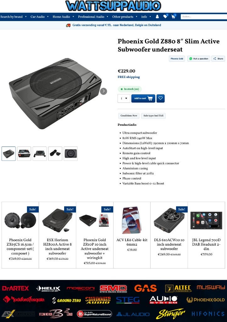 Phoenix Gold Z880 8 inch Slim Active Subwoofer underseat HQ, Hifi-Focus, Aalsmeerderweg 173 1432 CL, Aalsmeer, Nieuw, Ophalen of Verzenden