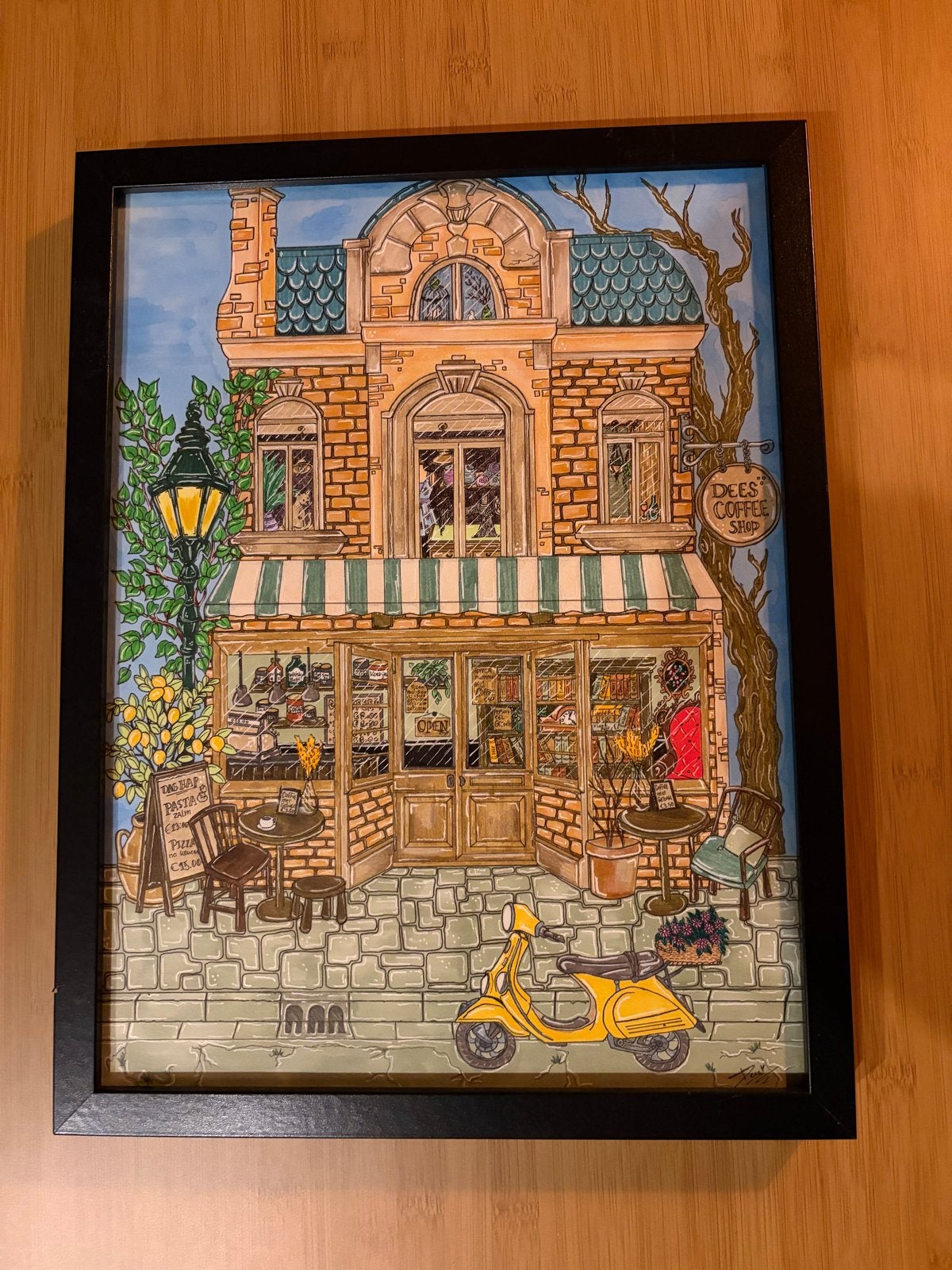Handgemaakte tekening 'Dee's Coffee Shop' met handtekening, Ophalen of Verzenden, Tekening, Gemengde techniek, Handgemaakt