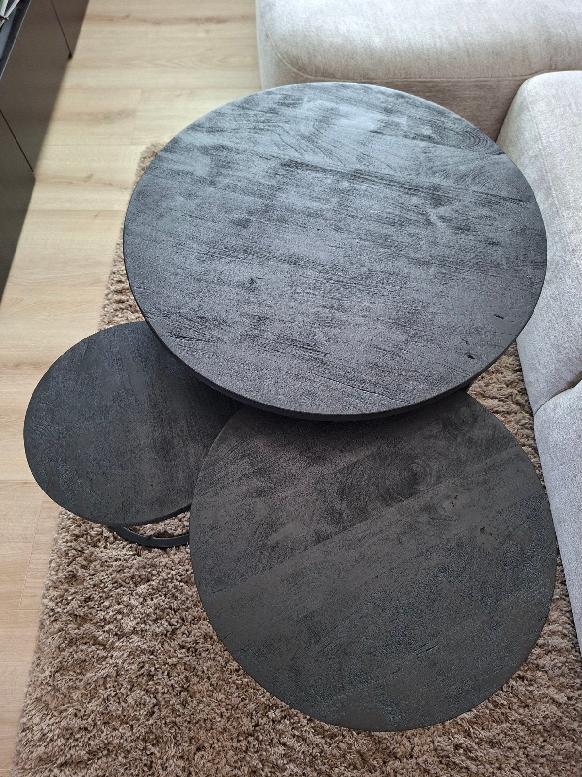 Set van 3 ronde salontafels - Zwart hout en metaal, 50 – 75, Gebruikt, 50 tot 100 cm, Modern, Industrieel