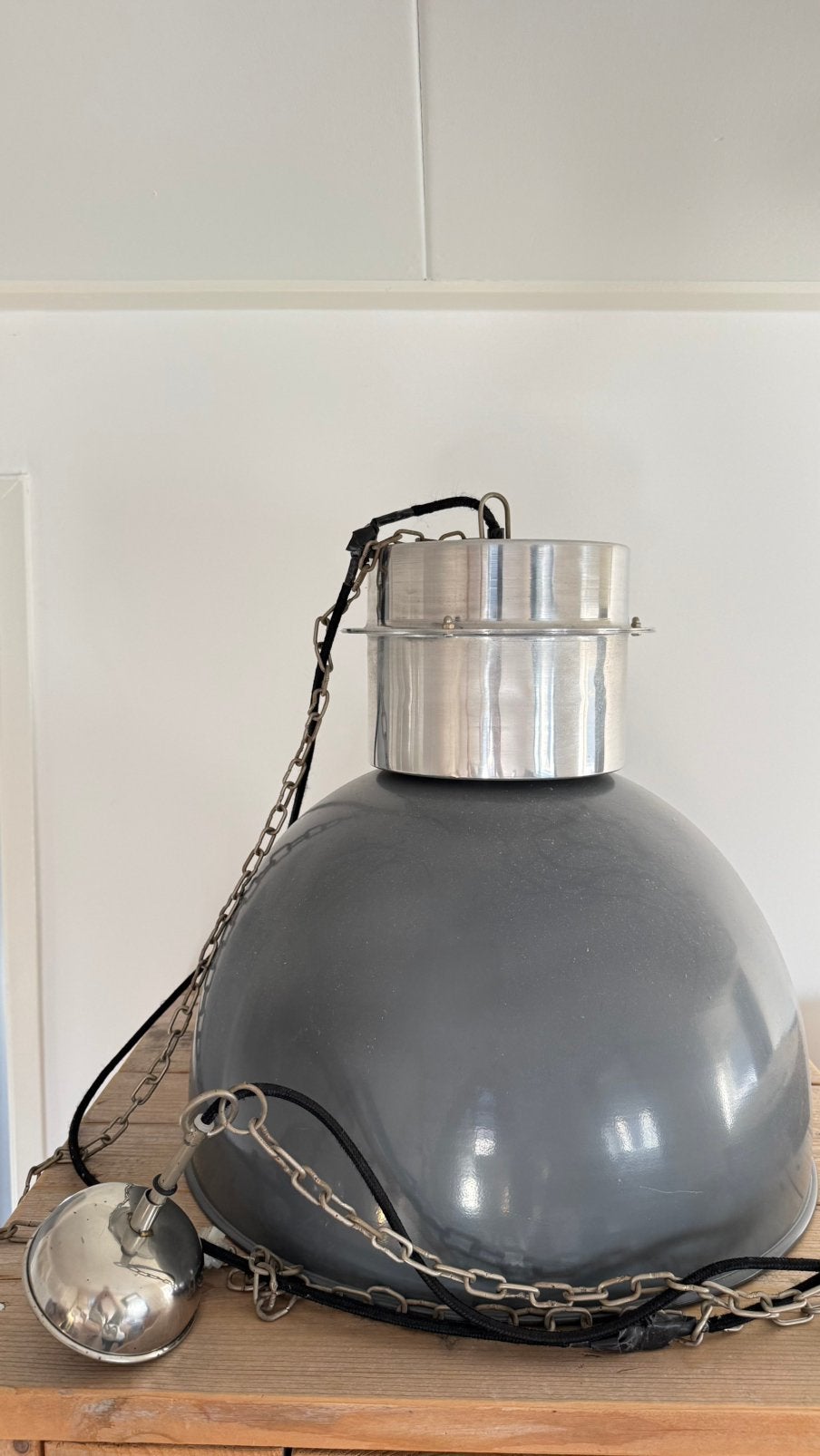 Grijze industriële hanglamp met ketting | klein, Ophalen, Gebruikt, Metaal, E27 (groot)
