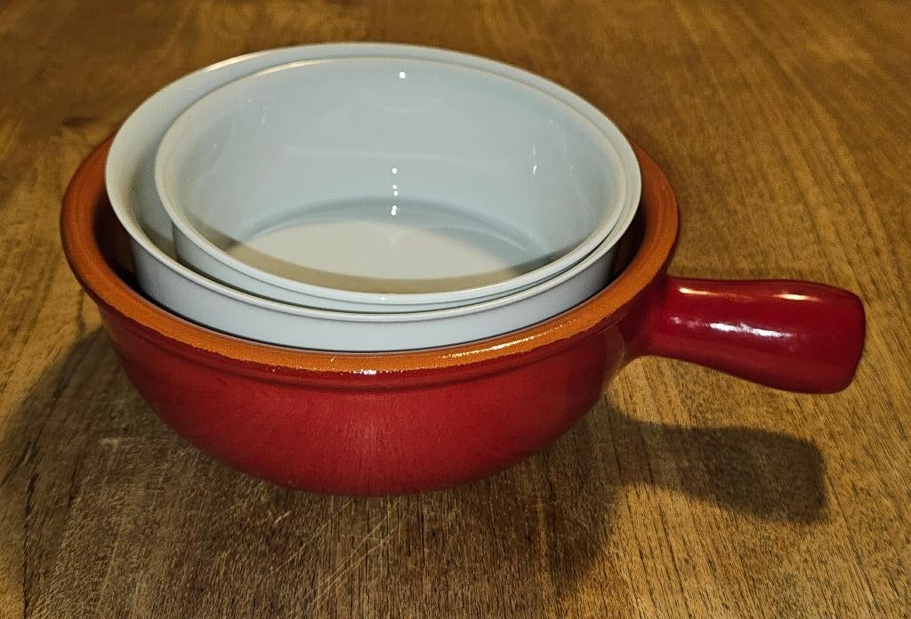 Zware fonduepan/serveerpan aardewerk met 2 Thomas schalen, Ophalen, Gebruikt