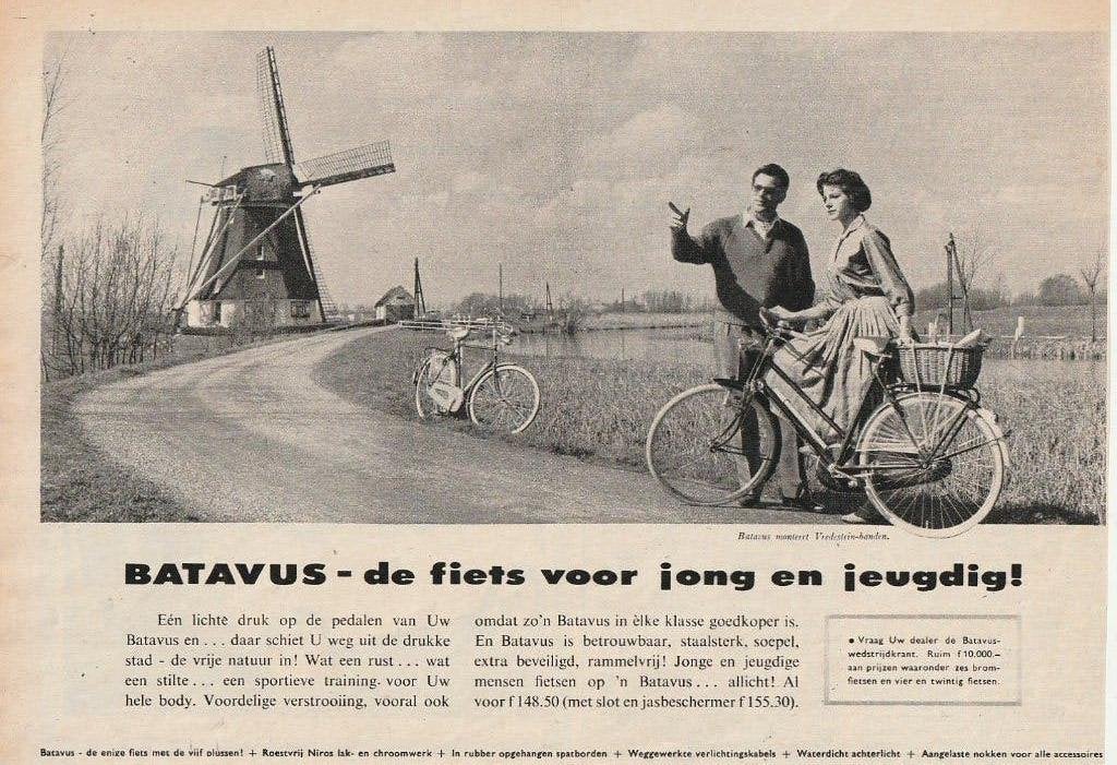 retro reclame 1958 Batavus fiets naar de molens, Verzenden, Overige typen