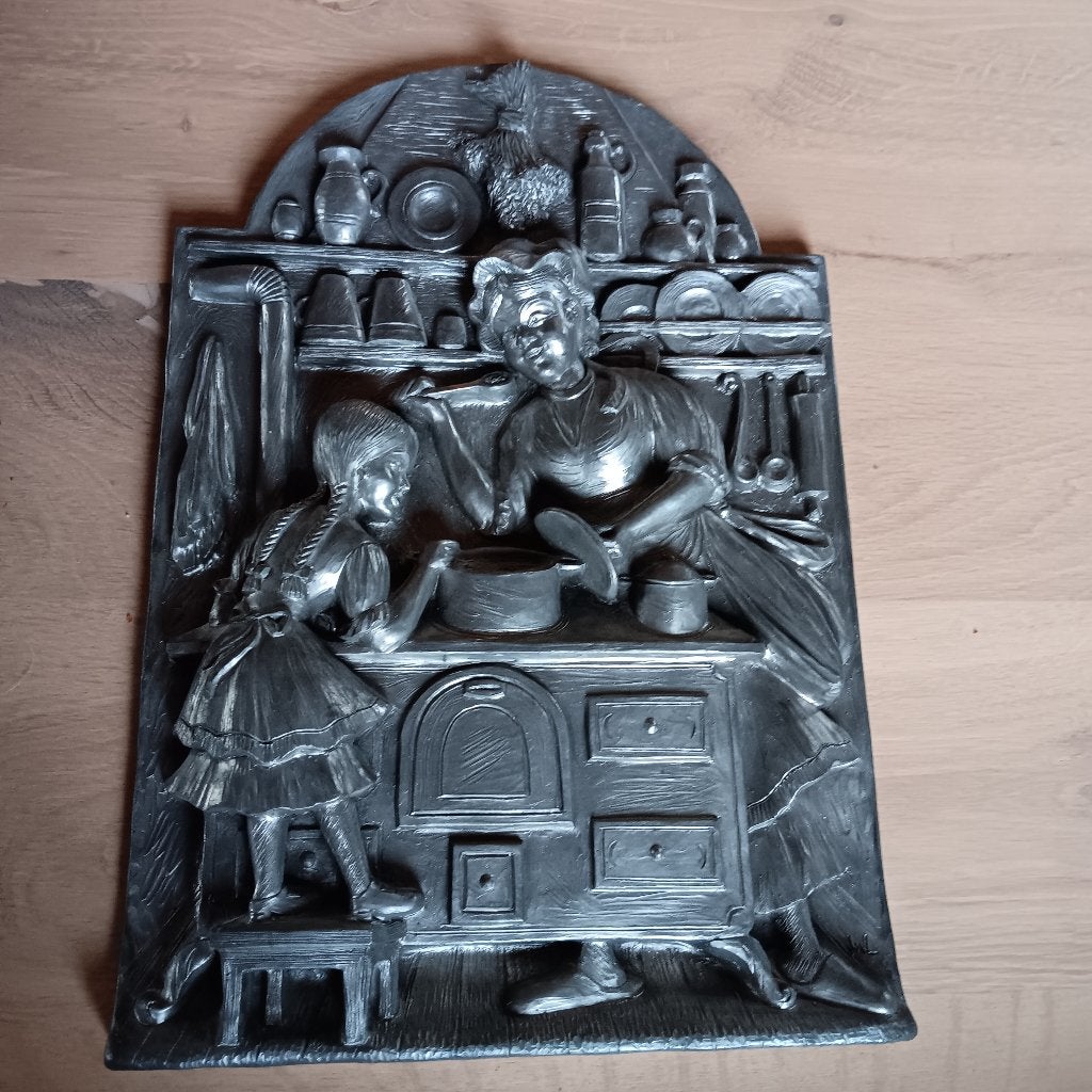 Tinnen reliëf schilderij., Ophalen of Verzenden