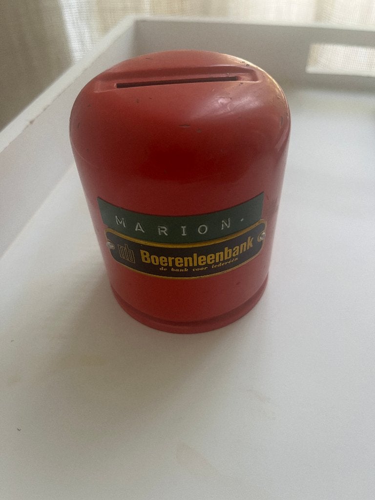 Oude / nostaligische spaarpot Boerenleenbank, Verzamelen, Spaarpotten, Ophalen, Gebruikt, Metaal of Blik, Overige thema's