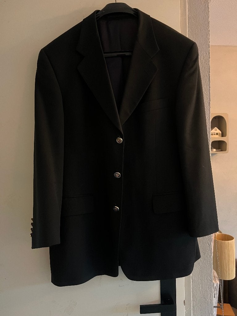 Vintage zwarte heren blazer colbert kostuum manchetknopen XL, Ophalen of Verzenden, Zo goed als nieuw, Maat 56/58 (XL), Zwart