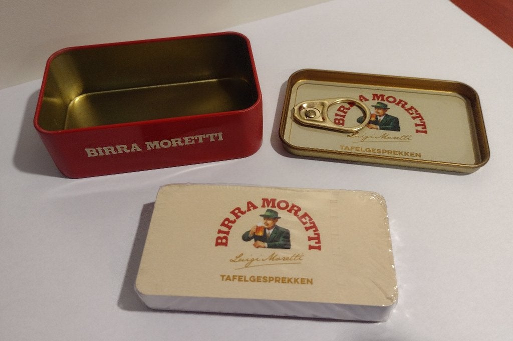 Birra Moretti Tafel Gesprekken Sardines Blikje. (A), Ophalen of Verzenden, Nieuw, Overige typen, Overige merken