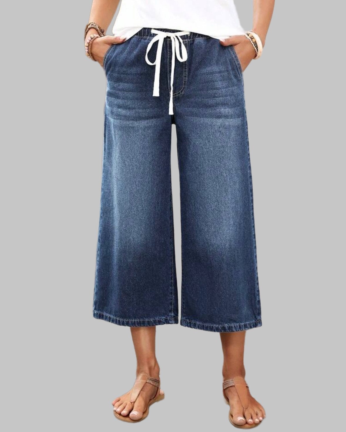 Comfortabele Cropped Denim Broek met Trekkoord (44-52), Verzenden, Nieuw, Blauw, Broek of Spijkerbroek