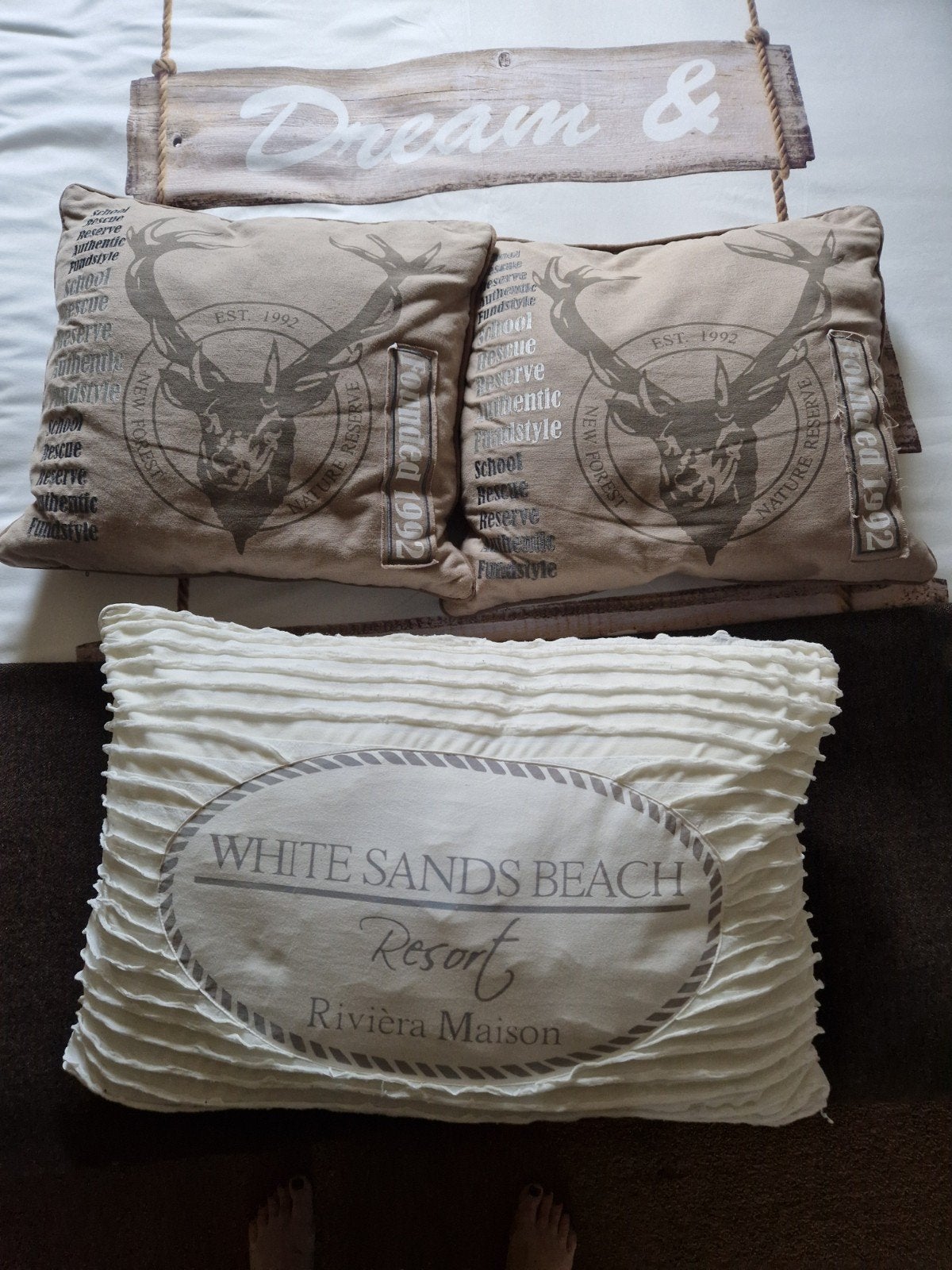 Decoratieve Kussenset: Herten & Riviera Maison, Huis en Inrichting, Woonaccessoires | Kussens, Ophalen, Gebruikt, Beige, Rechthoekig