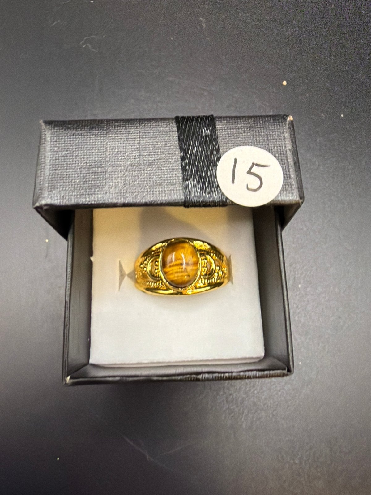 Vergulde Messing Ring met Tijgeroog Steen, Overige materialen, Gebruikt, Ophalen of Verzenden, X