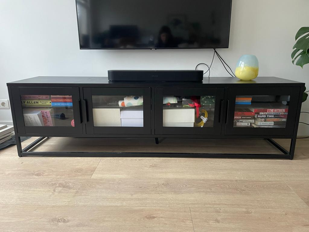 Black tv unit with glass shelves., Ophalen, Gebruikt, 150 tot 200 cm, Minder dan 100 cm