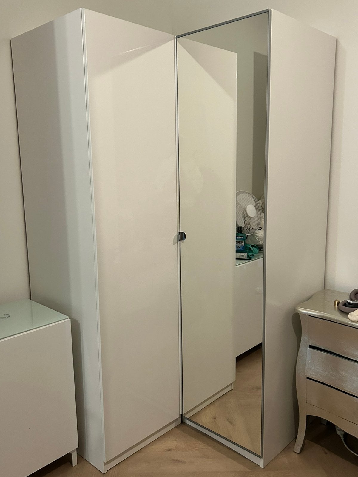 Pax hoekkast ikea wit hooglans met spiegeldeur 201 cm, Ophalen, 200 cm of meer, 50 tot 100 cm, Zo goed als nieuw