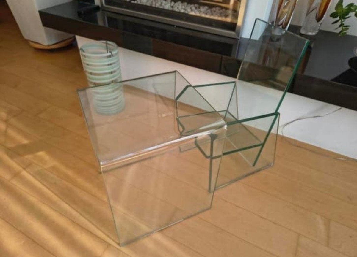 Glazen stoel en tafel voor poppenhuis of decoratie, Ophalen, Rechthoekig, Glas, Minder dan 55 cm