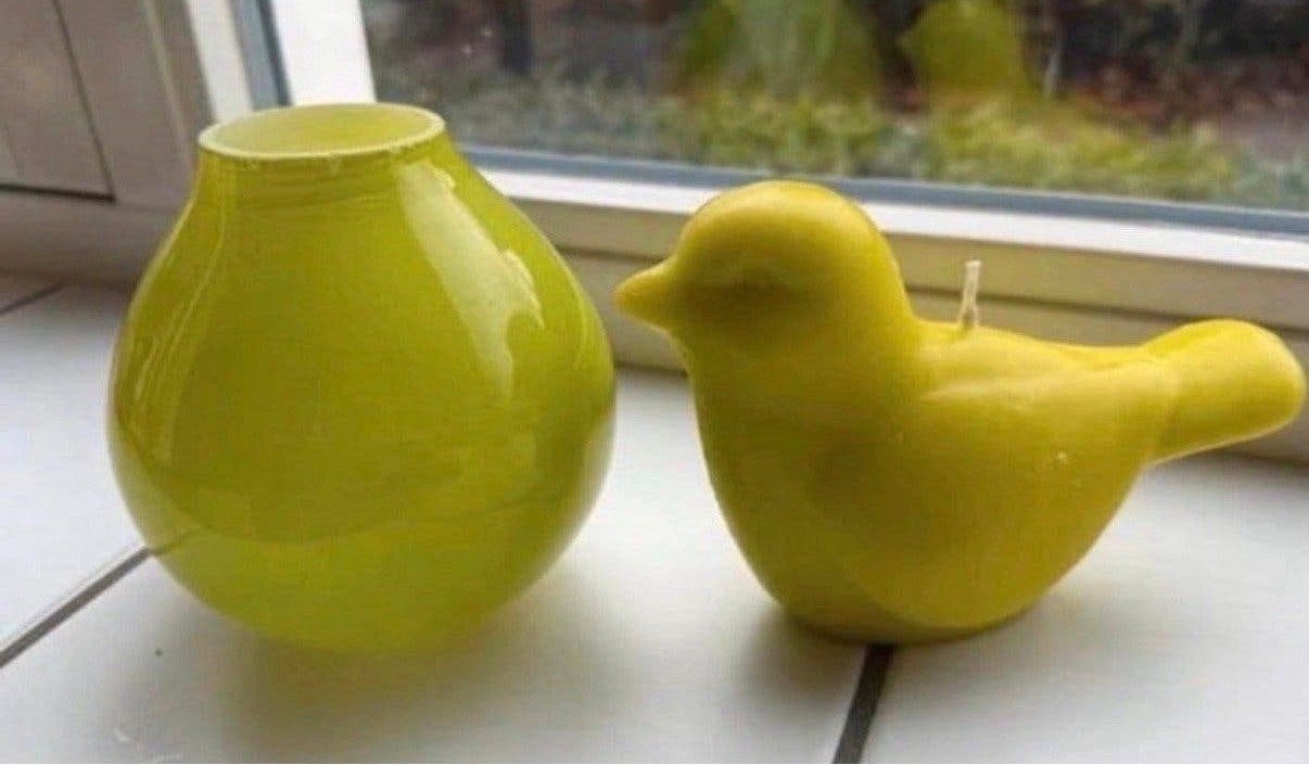 Appelgroen vaasje met vogel kaars, Ophalen of Verzenden, Gebruikt, Groen