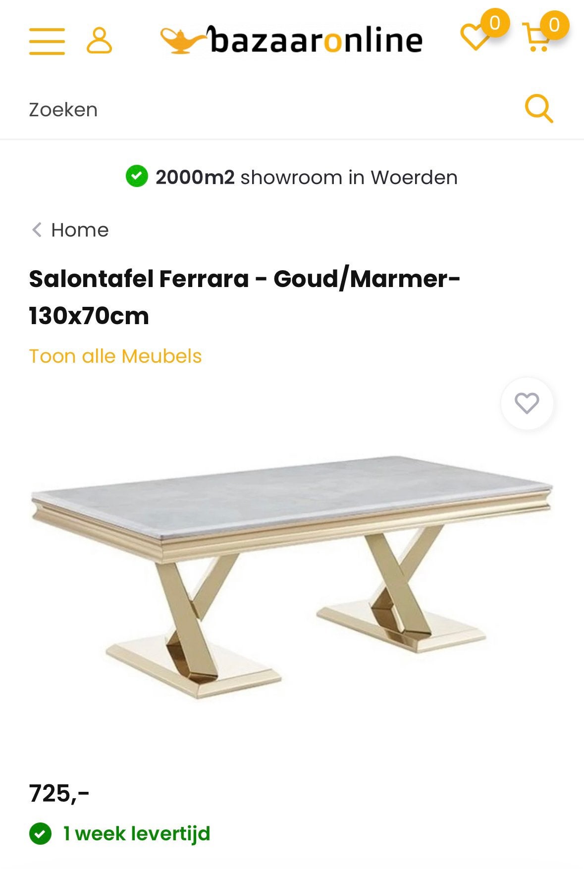 Salontafel Ferrara - Goud/Marmer- 130x70cm Amsterdam ophalen, Ophalen, 100 tot 150 cm, 50 tot 100 cm, Zo goed als nieuw