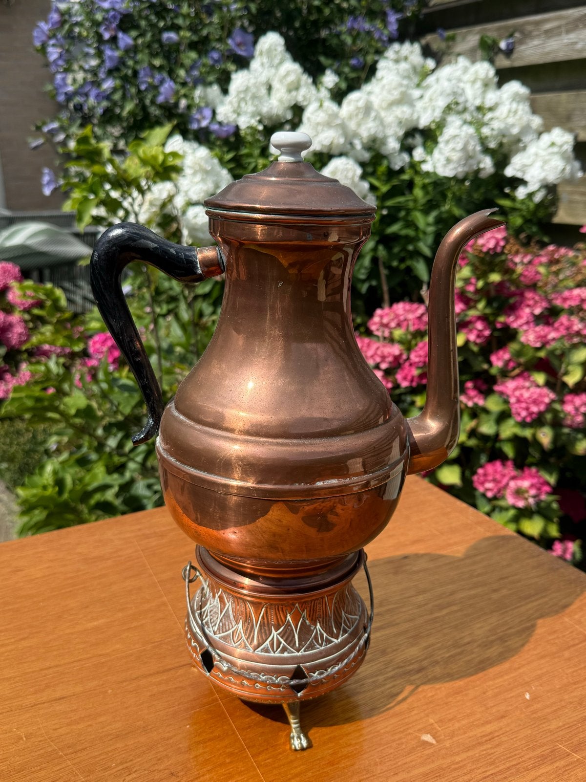 Antieke koperen koffiepot met warmhouder, Antiek en Kunst, Ophalen, Koper