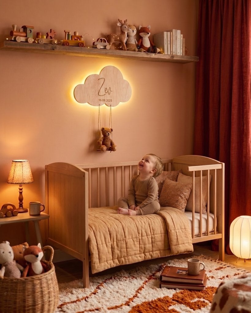 Gepersonaliseerde Houten Wolk Wandlamp met Gehaakt Beertje, Overige merken, Laser Creative, Nieuw, Ophalen of Verzenden