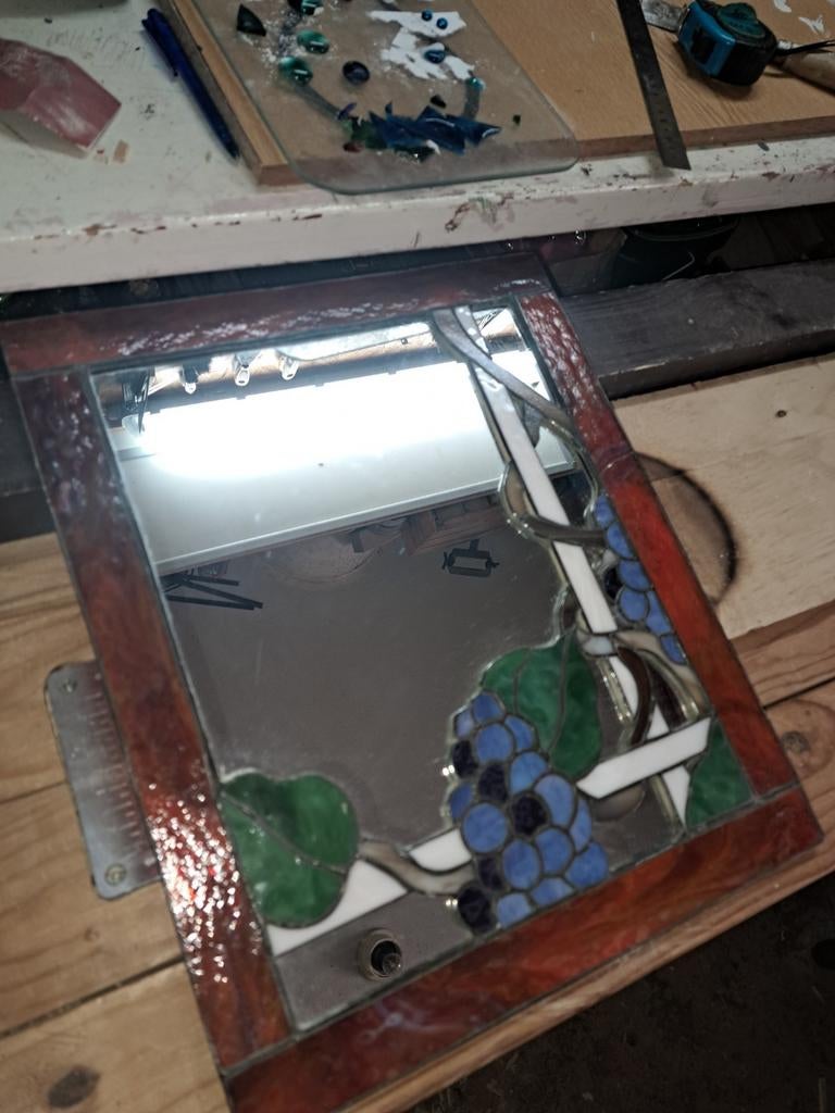 Unieke spiegel met druivenmotief in glas-in-lood, Ophalen, Rechthoekig, Minder dan 50 cm