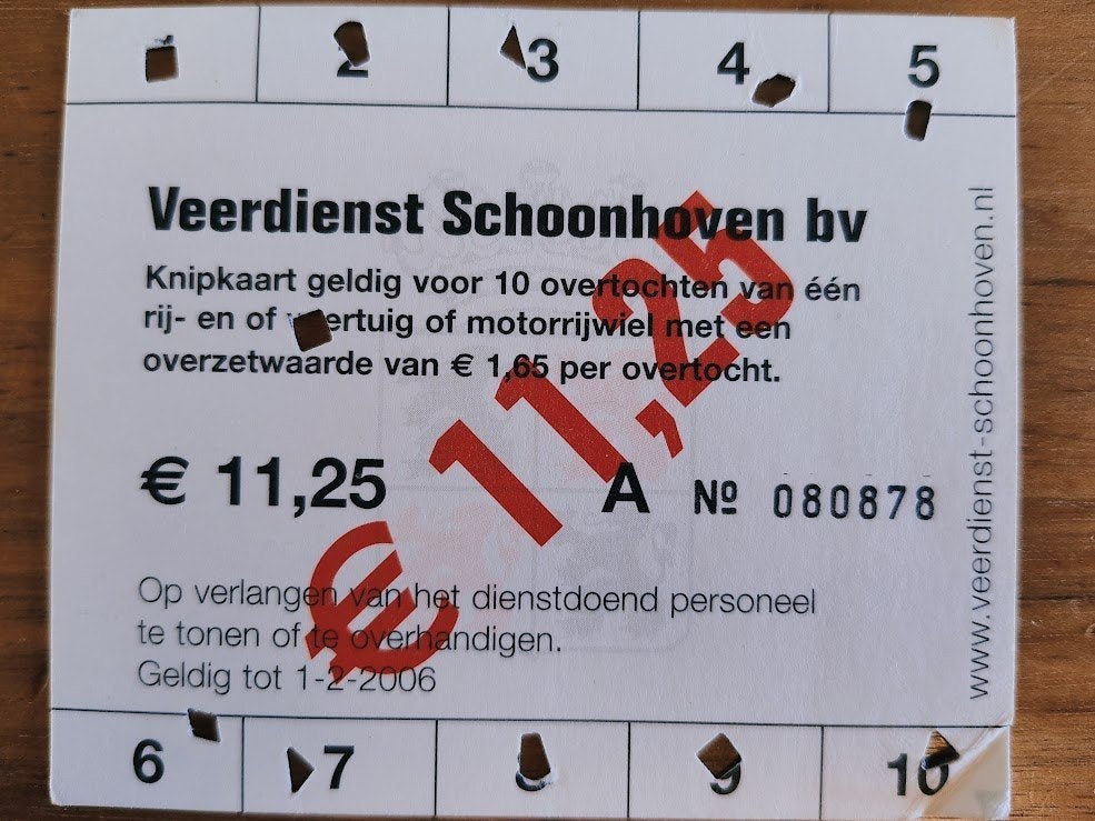 Knipkaart 10 overtochten VEERDIENST SCHOONHOVEN bv, Eén persoon, Bus, Metro of Tram, Nederland, Kortingskaartje