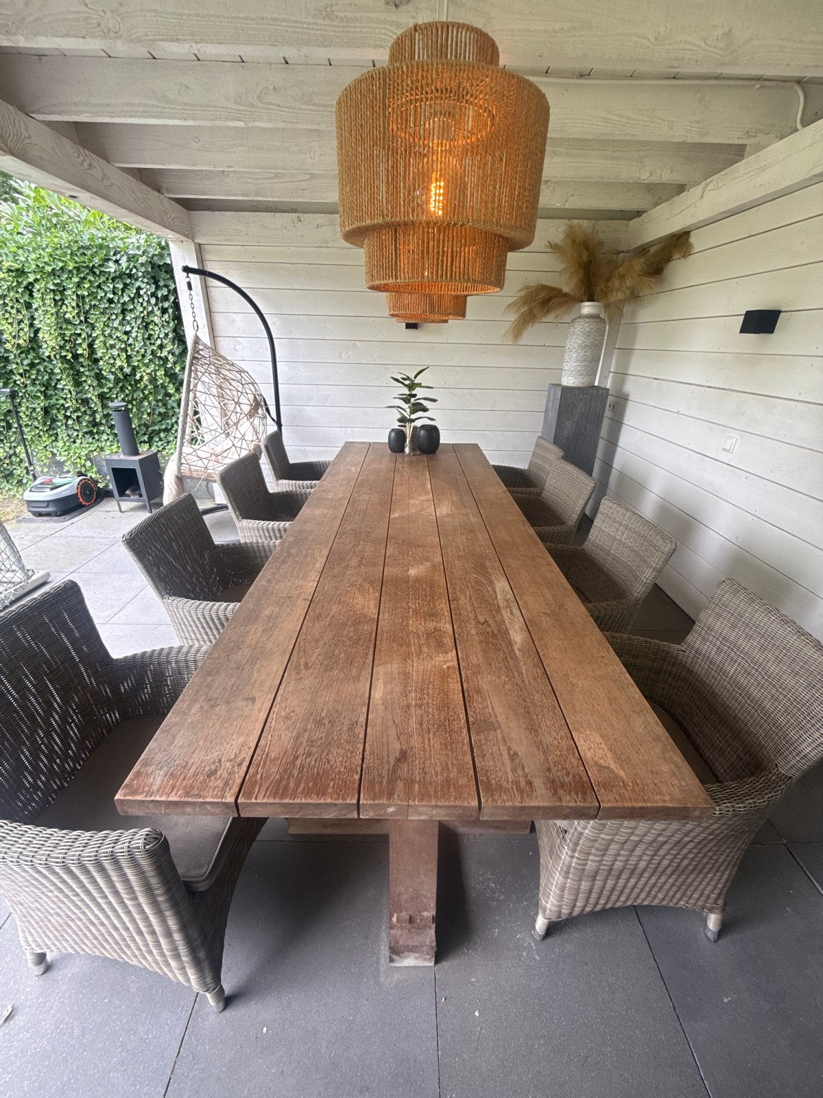 Robuuste massieve teakhouten eettafel 290x100, Ophalen, Gebruikt, 200 cm of meer, 50 tot 100 cm
