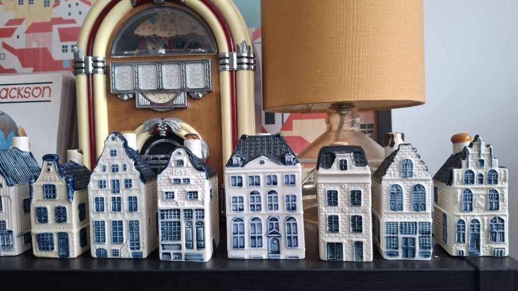 27 vintage KLM-huisjes Delfts blauw Rynbende Henkes Bols, Ophalen