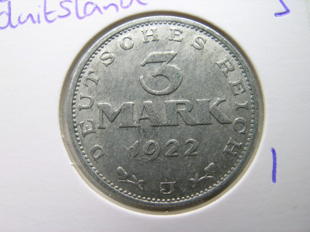 3 Mark 1922 J Duitsland, Postzegels en Munten, Munten | Europa | Niet-Euromunten, Ophalen of Verzenden, Duitsland, Losse munt