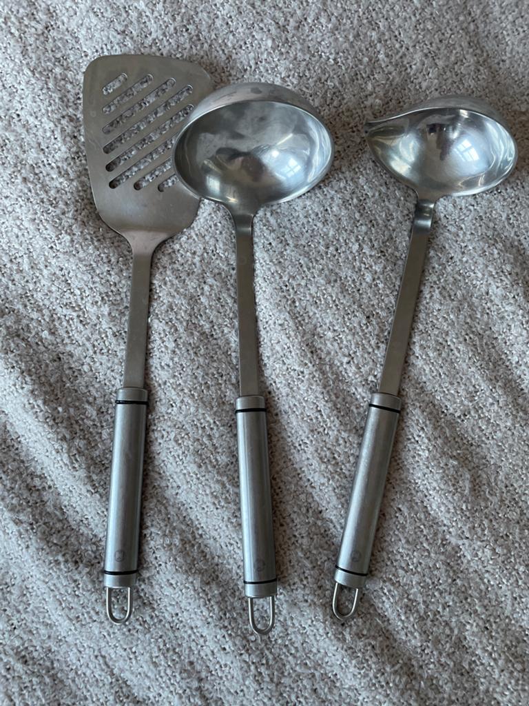 Keukengerei set: spatel en 2 opscheplepels, Huis en Inrichting, Keuken | Bestek, Ophalen, Gebruikt, Rvs of Chroom