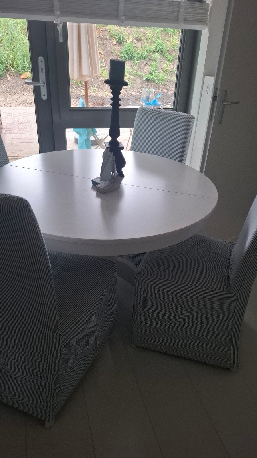 4 Ikea eetkamerstoelen met blauw wit gestreepte hoezen, Huis en Inrichting, Stoelen, Ophalen, Gebruikt, Blauw, Vier