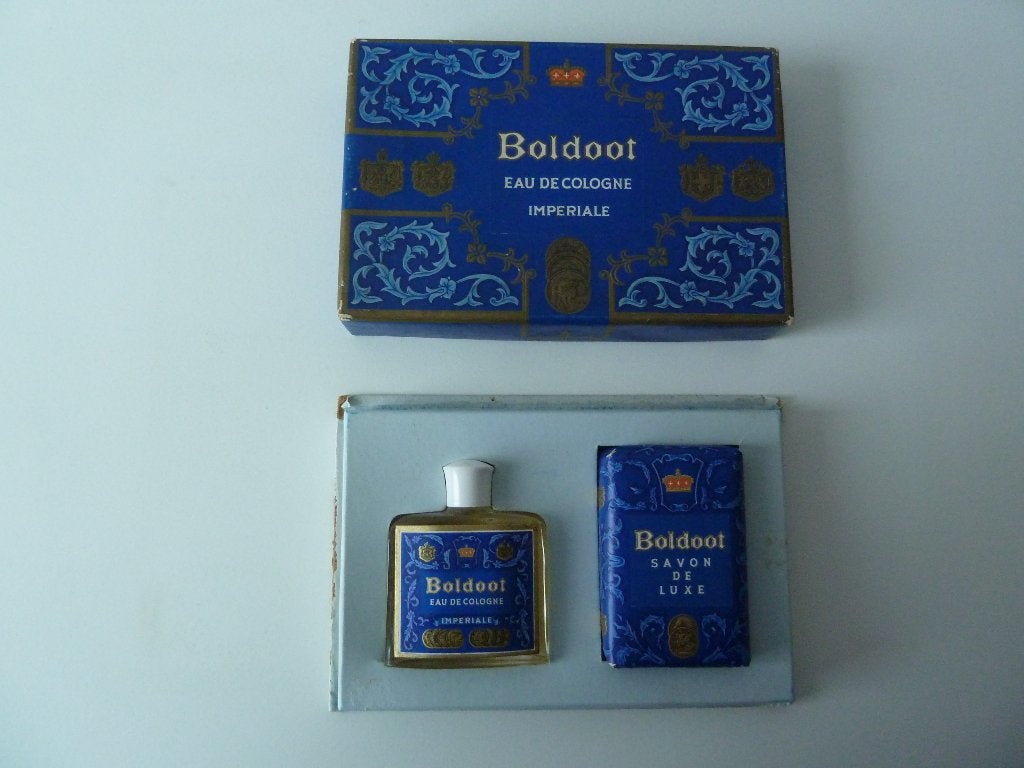 Zeer oude geschenkverpakking Boldoot eau de cologne en zeep, Verzamelen, Parfumverzamelingen, Ophalen of Verzenden, Parfumfles