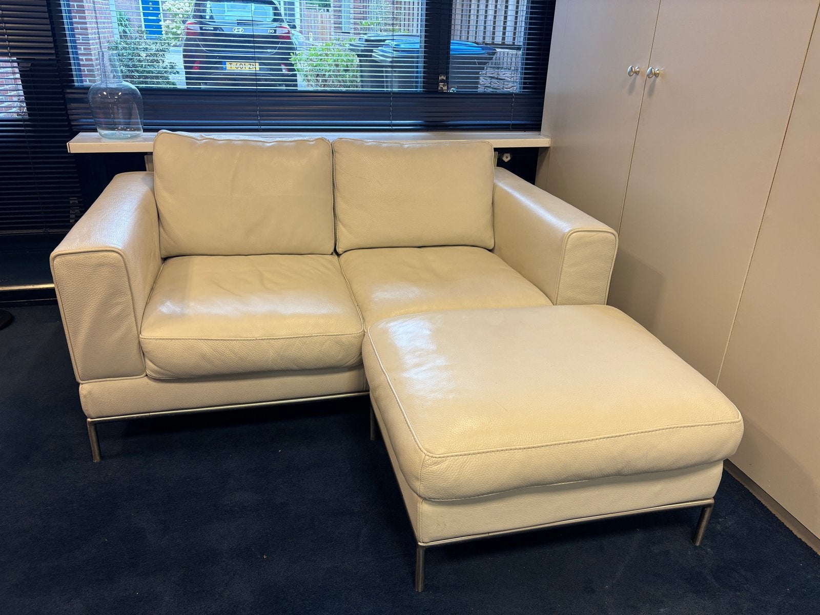 IKEA tweepersoonsbank met chaise longue, crème leer, Ophalen, Gebruikt, 125 tot 150 cm, Hoekbank