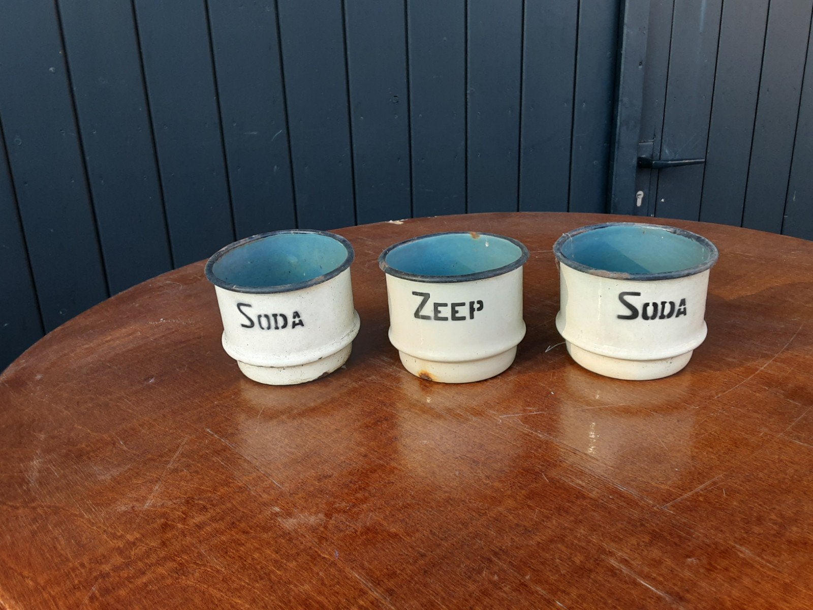 Set van 3 vintage emaille potjes: Soda en Zeep, Antiek en Kunst, Antiek | Emaille, Ophalen of Verzenden