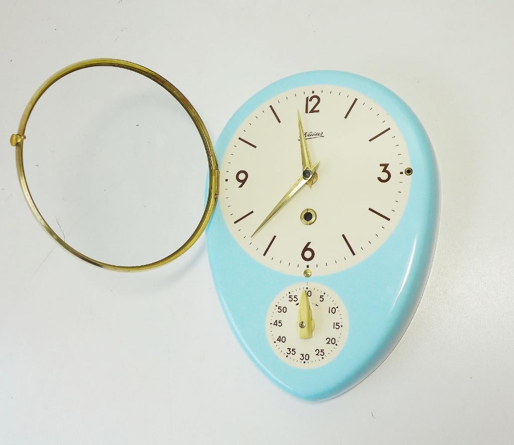 Vintage keukenklok jaren 60 Kienzle klok keramiek blauwe, Huis en Inrichting, Woonaccessoires | Klokken, Ophalen of Verzenden