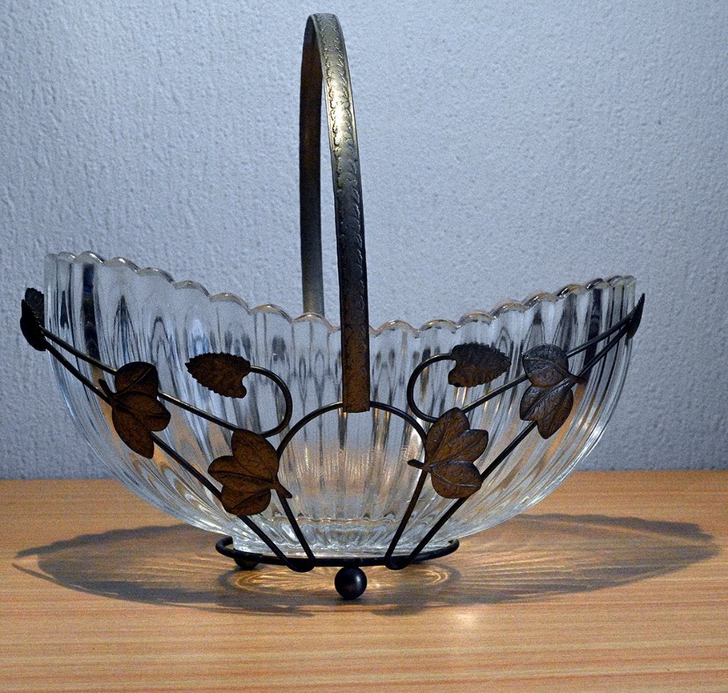 Vintage glazen fruitschaal in verzilverde houder, Ophalen of Verzenden