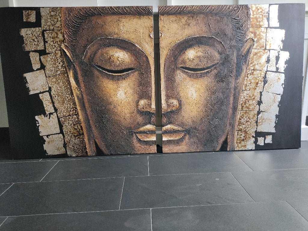 Boeddha tweeluik/schilderij (100x100), Ophalen, Gebruikt, Schilderij, 75 tot 100 cm